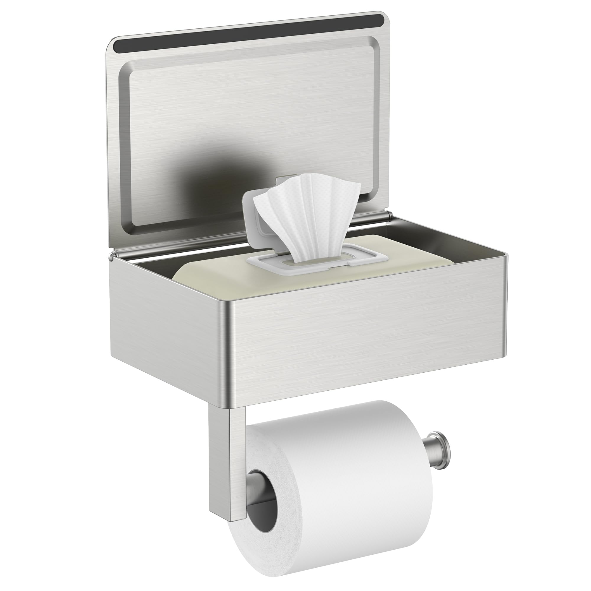 FORIOUS Toilet Paper Holder with Shelf, SUS304 Stainless Steel Wall Mount Toilet Paper Roll Holder, Flushable Wipes Dispenser Fits for Bathroom Wipe Storage, Bathroom Organizer Brushed Nickel