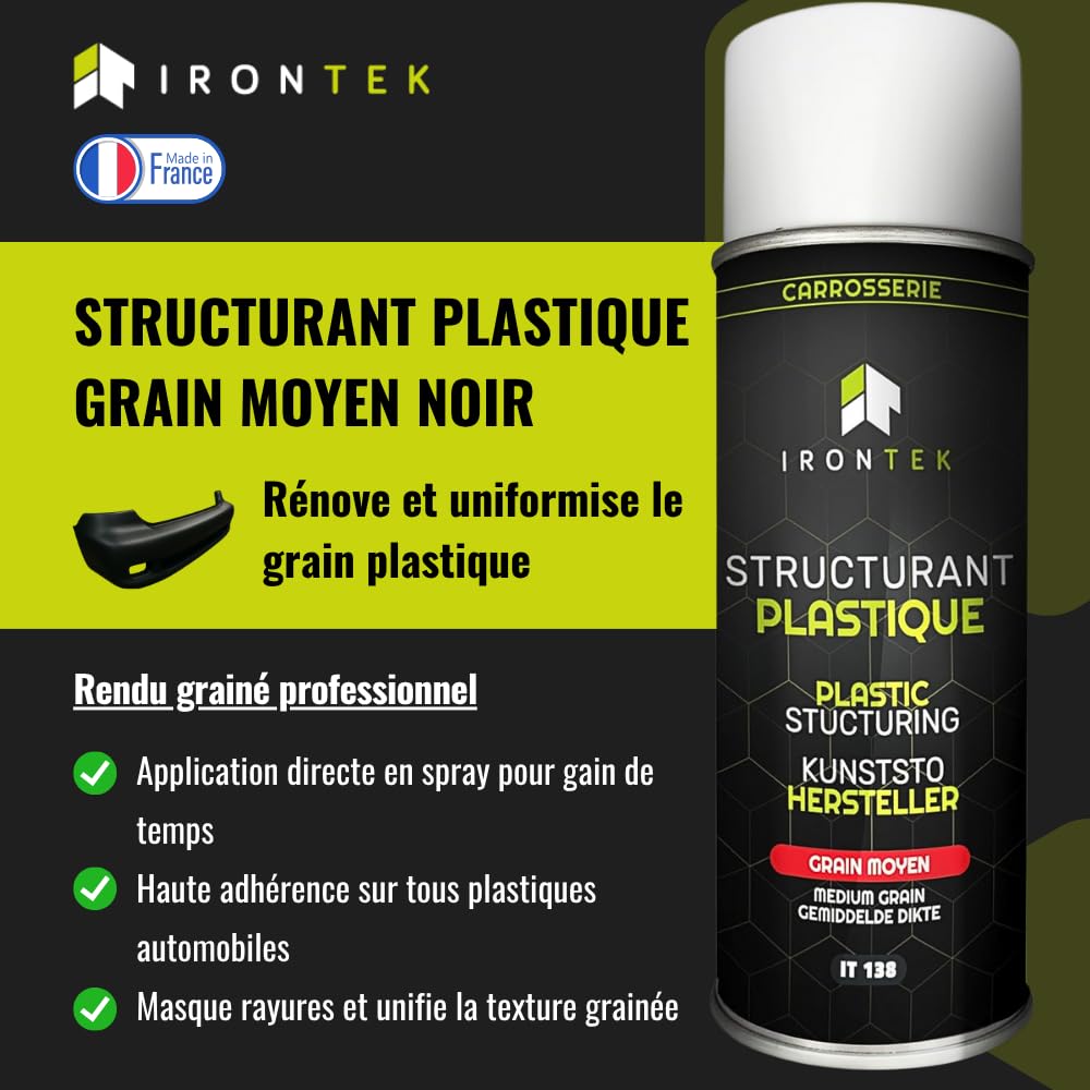Rénovation Pare-Chocs 500ml - IRONTEK | IT138 | Restructurant Plastique Grain Moyen | Forte Adhérence | Haut Pouvoir Couvrant | Formule Professionnelle Carrossier