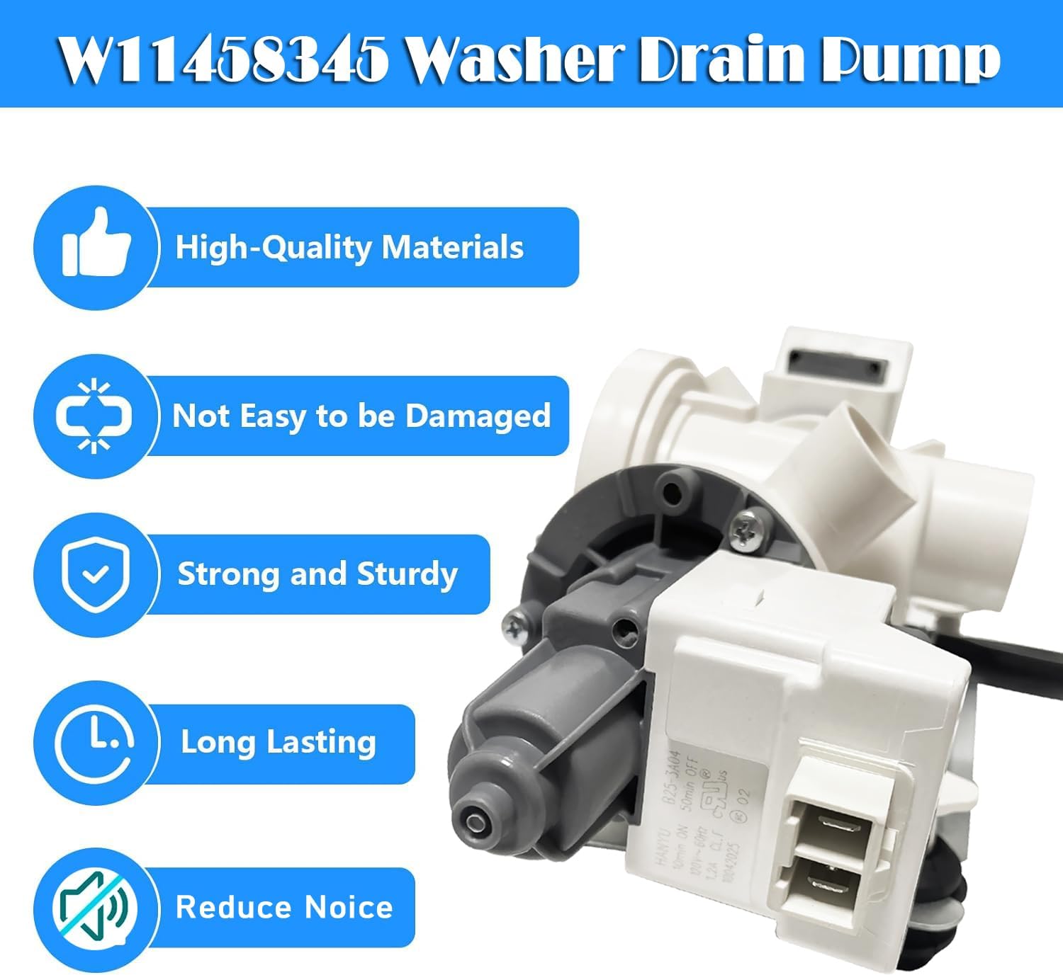 W11458345 Washer Drain Pump W10918608 Washing Machine Drain Pump Assembly Fit for Whirlpool Maytag W11316609 W11319789 4959423 AP6989186 PS16218041 EAP16218041 WFW6620HC0 WFW6620HC2 MHW5630HW0