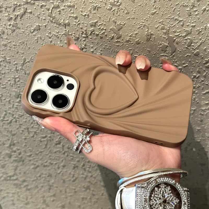 Image of COVERLY Heart Shape Design Back Case Cover for iPhone 12 Pro | Embossed Wrinkle Cute Silk Pattern | Love Trendy Matte TPU | Soft Silicone Fashion Aesthetic Cover for Girls & Women (Brown, Shockproof)