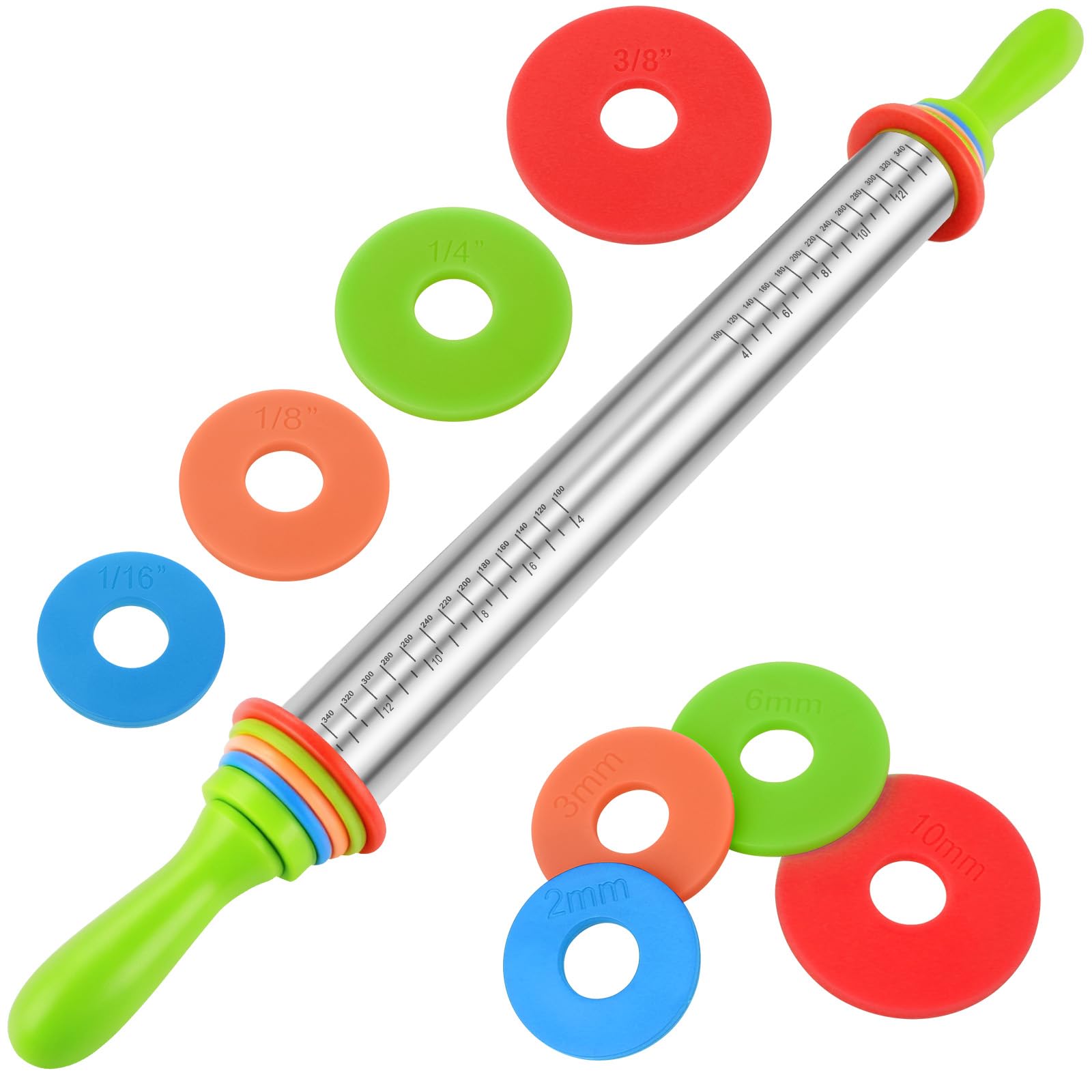 Stainless Steel Dough Roller Pins with Handle for Baking, Adjustable Rolling Pin with Thickness Rings for Cookie Decorating, Kitchen Baking Essential Tools for Fondant Cake Baker Pizza Cookie