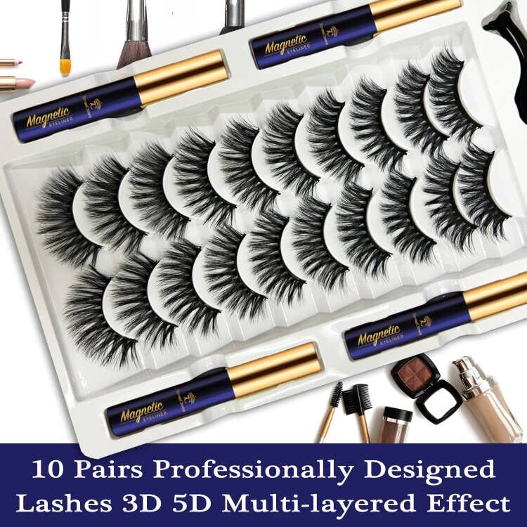 Miniatura 2 de Kit de pestañas magnéticas 3D y delineador de ojos, 10 pares de pestañas magnéticas reutilizables, aspecto natural, forro impermeable mejorado de 4