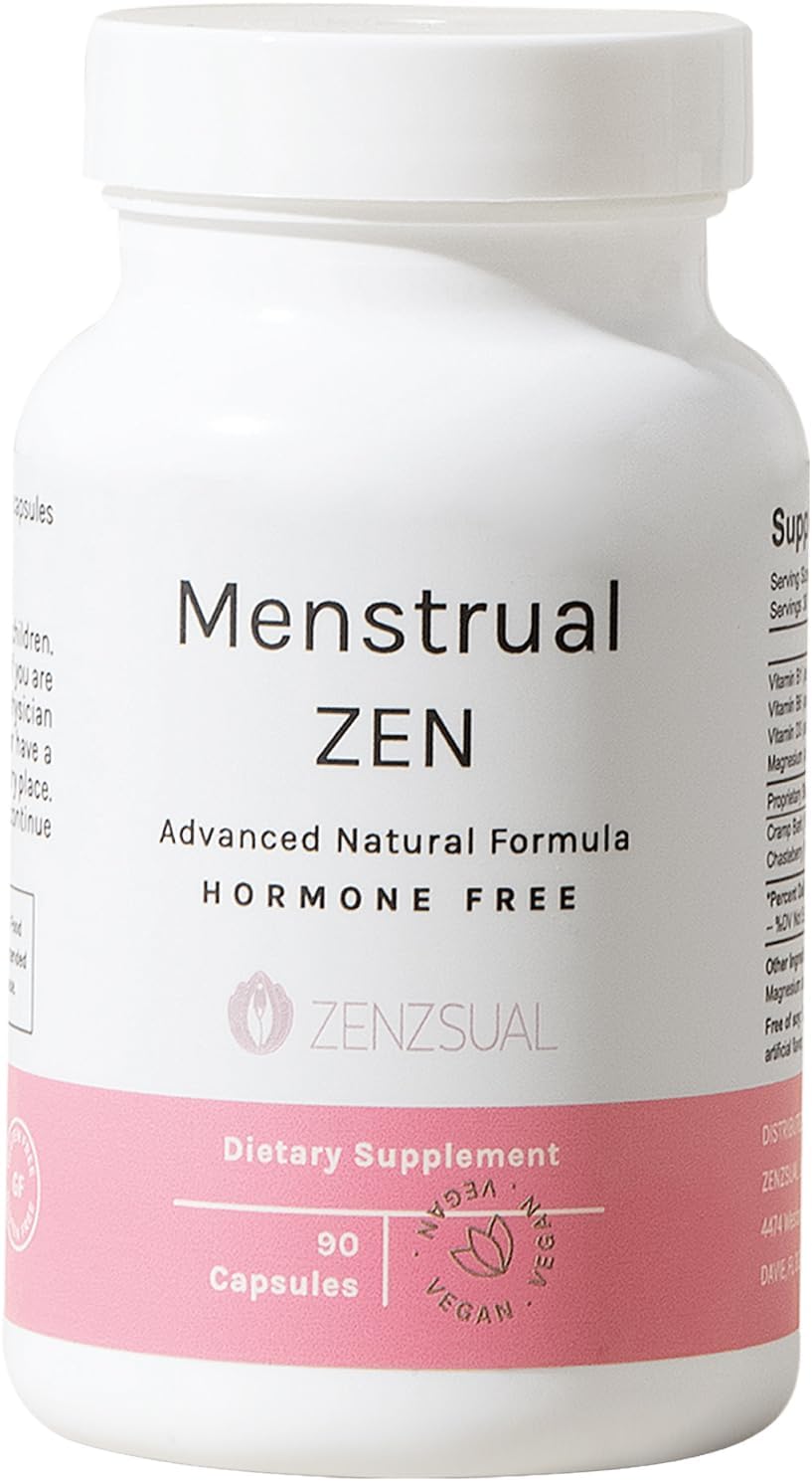 ZENZSUAL Menstrual Zen Natural and Hormone-Free Supplement – Support for Menstrual Cramps, Mood Swings and Period Pain – Diuretic Effect (90 Capsules / 2.7 Oz)