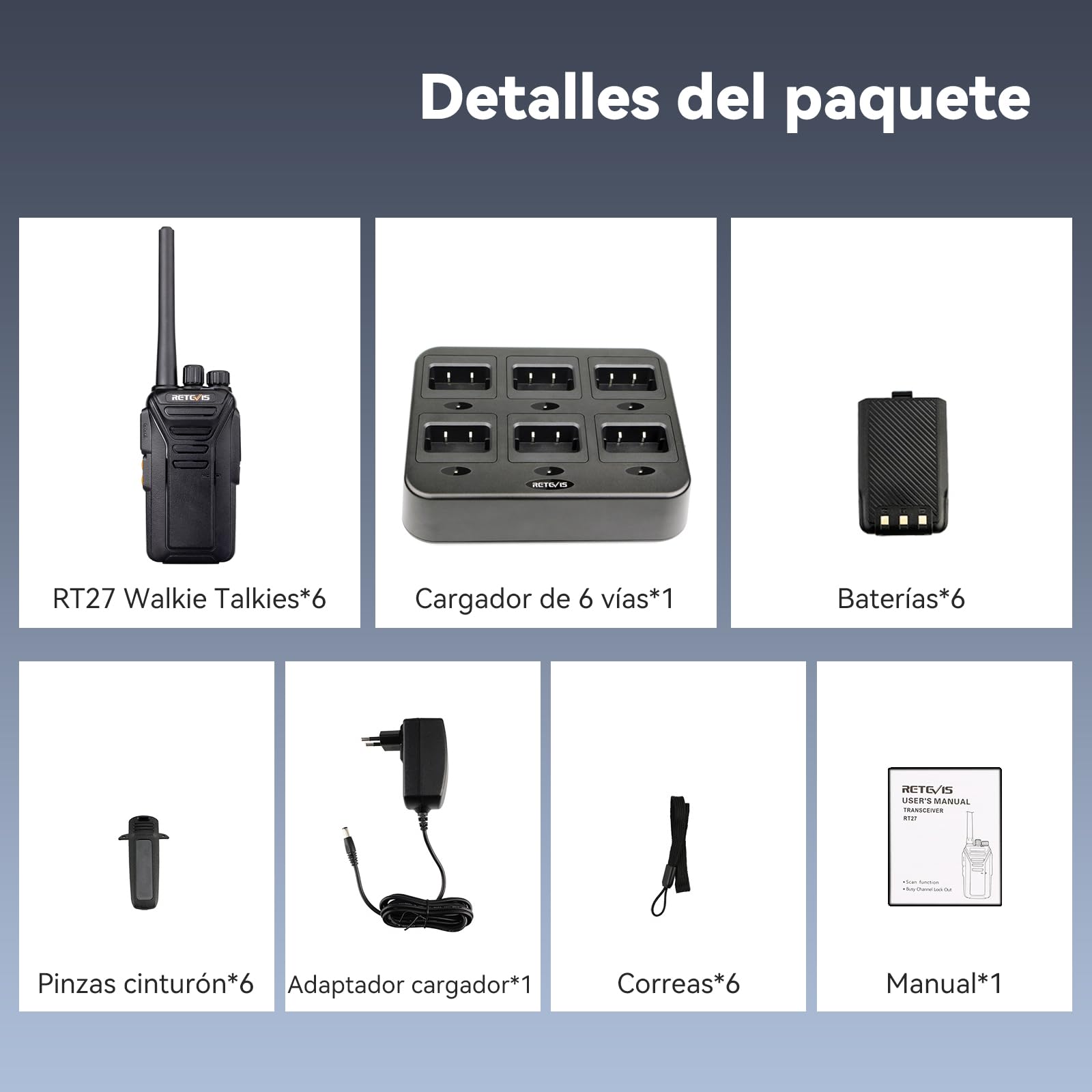 Retevis RT27 Walkie Talkie, Profesional Walkie-Talkie Recargable con Cargador de 6 Ranuras, PMR446 sin Licencia 16 Canales VOX, Walkies Profesionales para Almacén, Supermercado(6 Piezas,Negro)