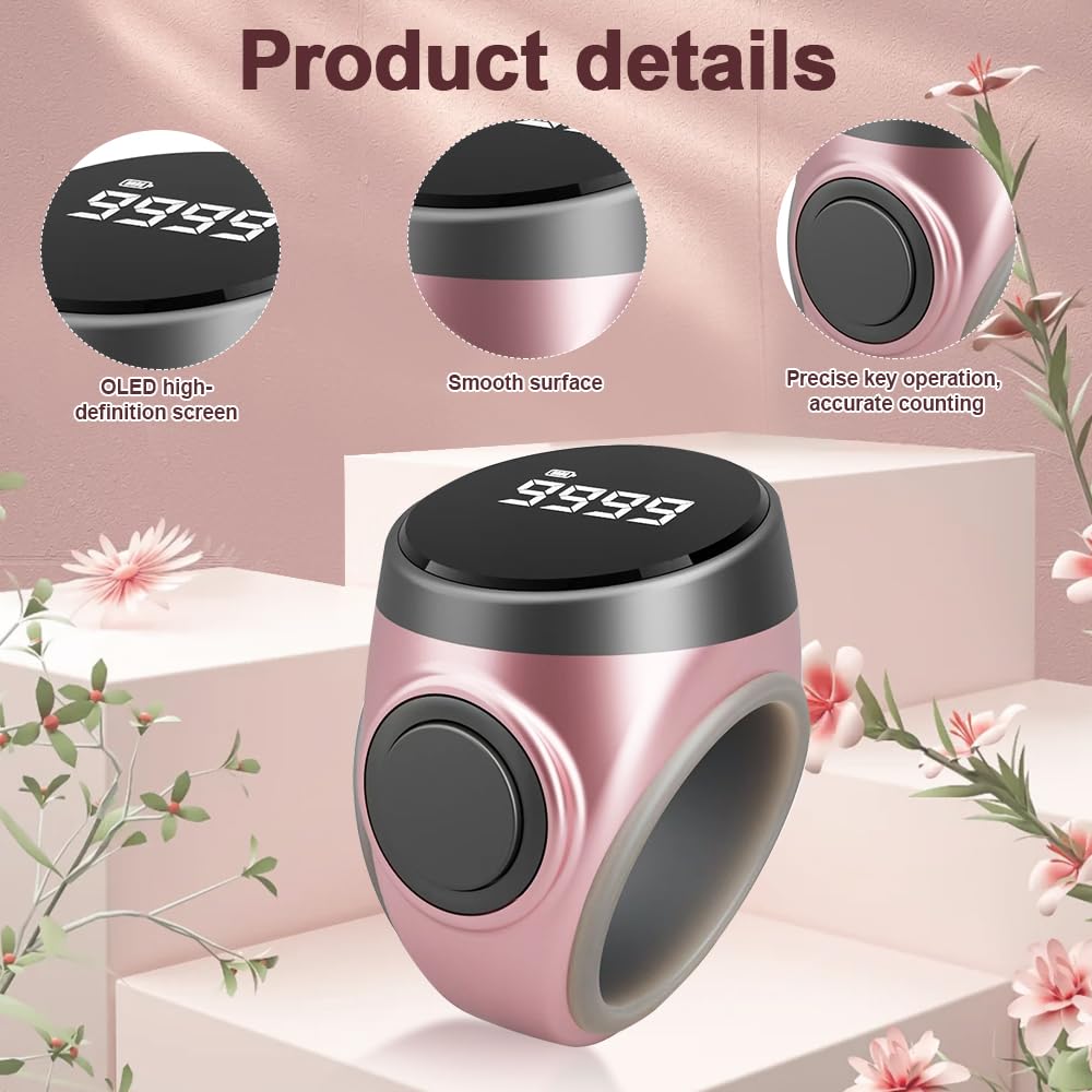 Anneau Numérique Musulman écran OLED, légère Smart Tasbih Zikr Ring Réveil, Tasbih Prière Compteur Numérique Adjustable 18-22mm, Electronic Rosary, Eid al-Fitr Eid al-Adha Ramadan Gift, Rose