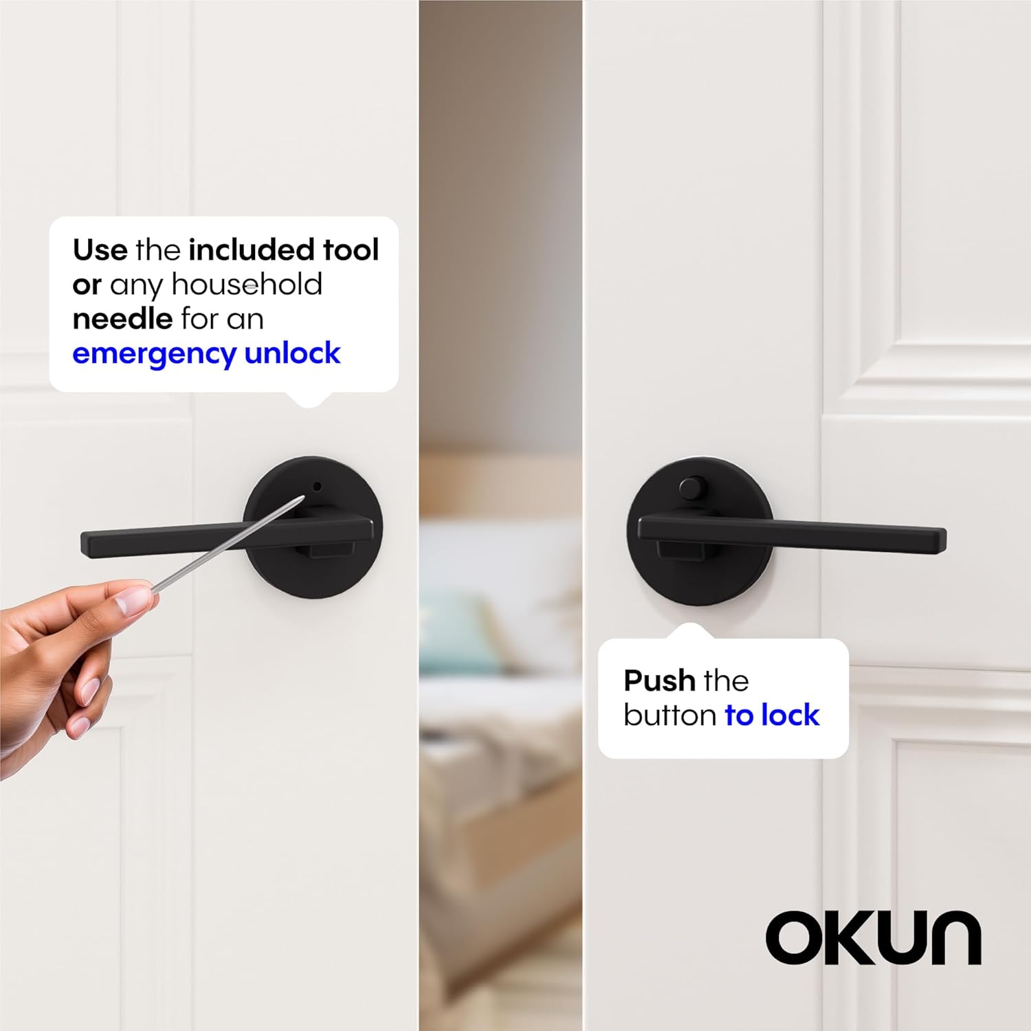 Okun Dune 1-Pack Matte Black Privacy Door Levers – Push Button Lock, Reversible, Sleek Concealed-Mount Design for Bedroom & Bathroom