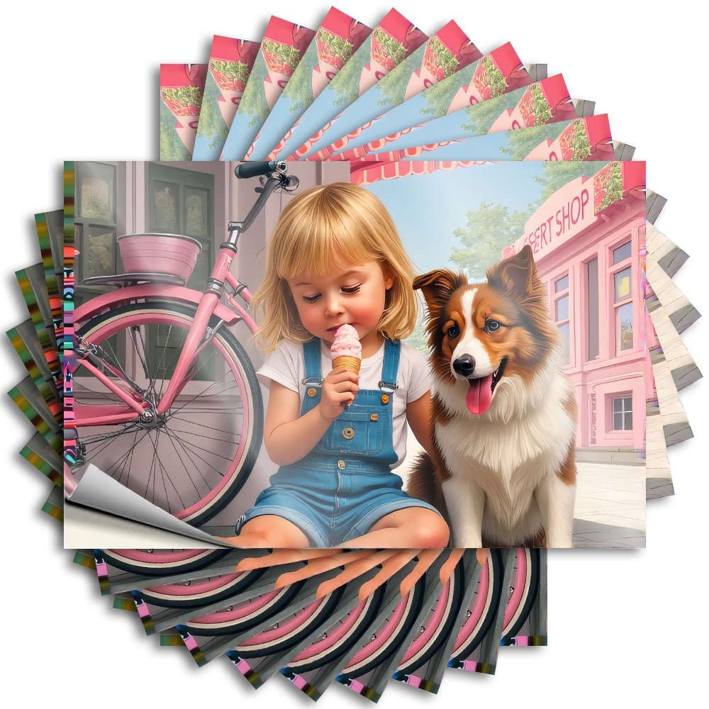 Dorm Door Decorations, Quote Girl Door A Child Enjoys Ice Cream with A Dog By A Pink Bicycle. | Western Bathroom Waterproof Vinyl Stickers(12X18CM)