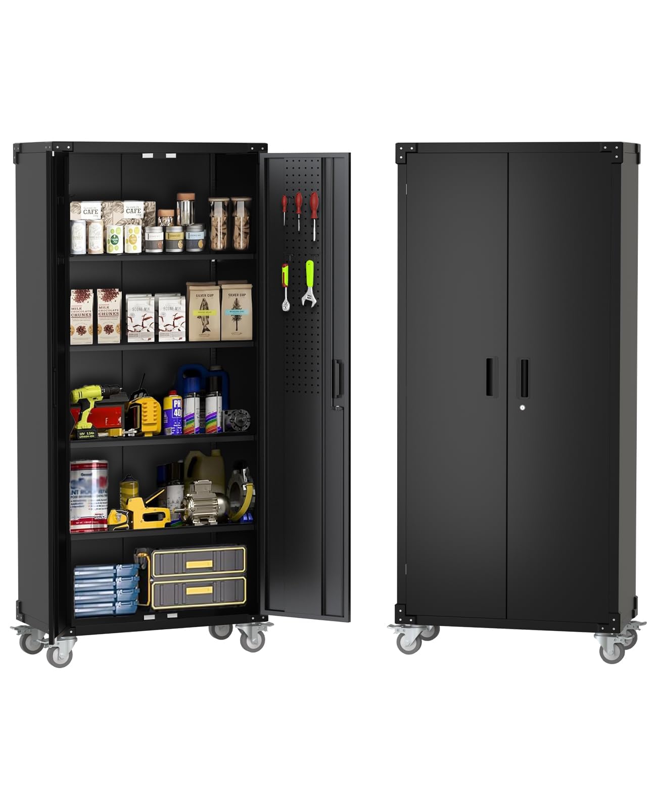 GarveeHome Armoire de Rangement en métal avec roulettes – 183 cm, 4 étagères réglables, Panneau perforé, capacité 272 kg, Serrure magnétique – Placard Robuste verrouillable Noir