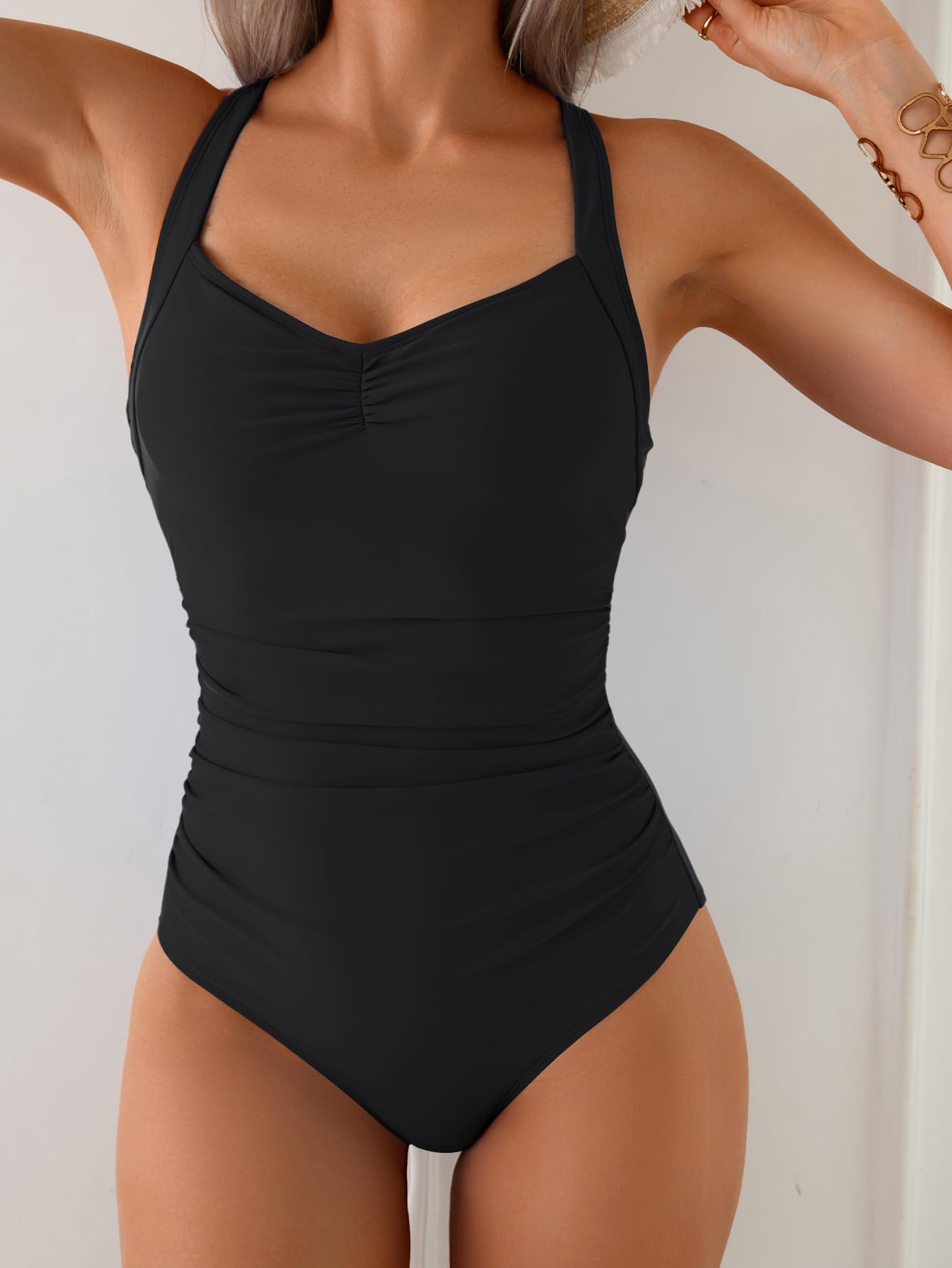 Photo 1 of ***BROWN**B2prity One Piece Swimsuit for Women Tummy Control Slimming Bathing Suit Push Up Ruched Swim Suit Criss Cross Swimwear Brown, White XL