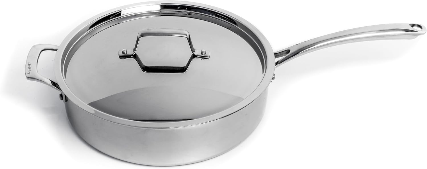 Berghoff Professional Tri-ply 18/10 Stainless Steel Sauté Pan 11" 4.6 Qt. Safe Grip Handle Matching Lid Induction Cooktop Measurement Markings Inside Fast & Even Heat Oven Safe
