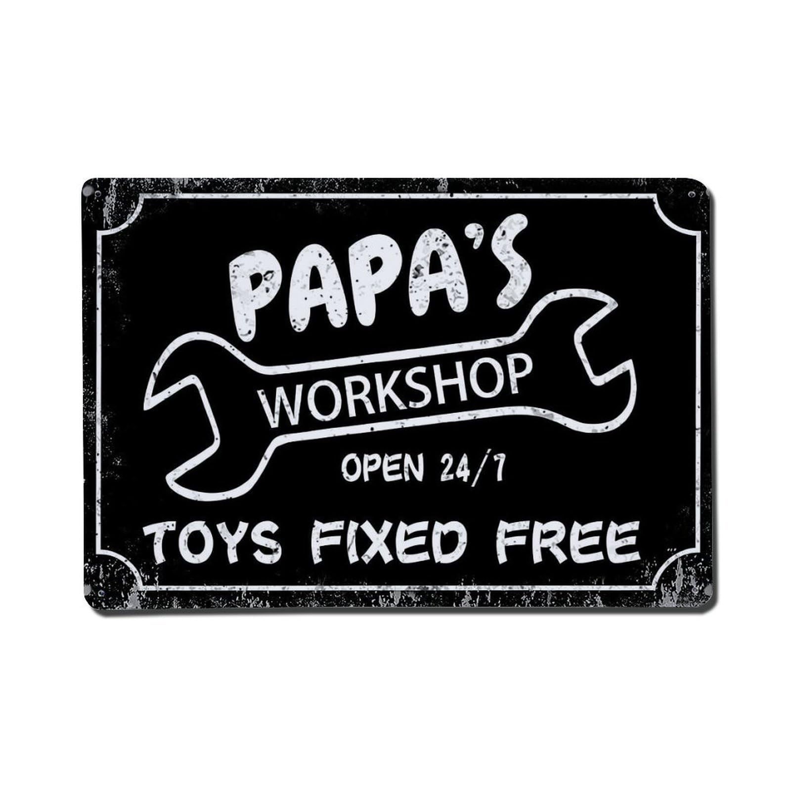 Jdfenggu Vintage Papa S Workshop Toys Fixed Retro Metal Tin Sign, Metal Poster For Bar, Home, Man Cave, Kitchen, Laundry Room Art Decor 8X12 Inch