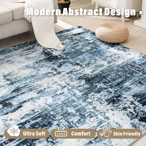 Carvapet 8x10 Area Rugs for Living Room Bedroom, Washable Modern Boho Large Carpet, Low Pile, Non Slip, Foldable, Soft Area Rug with Rubber Backing (8 x 10 Feet, Dark Blue)