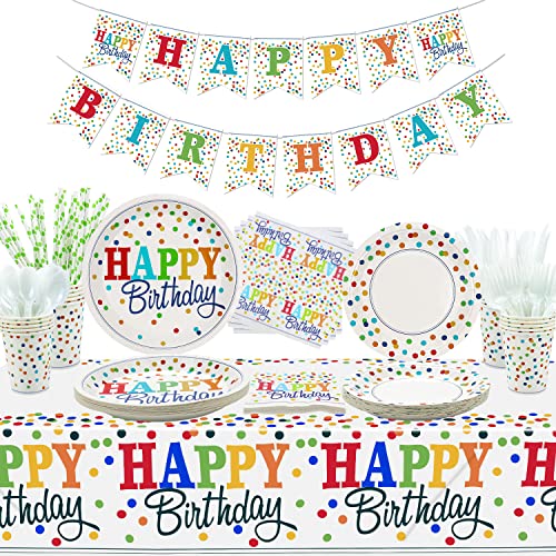 Xjlantte Rainbow Party Supplies - Birthday Banner, Colorful Mini Polka Dot Paper Plates, Napkins, Cups, Tablecloth, Knives, Fork, Spoon And Straws For Kid Adult Party Decorations cover
