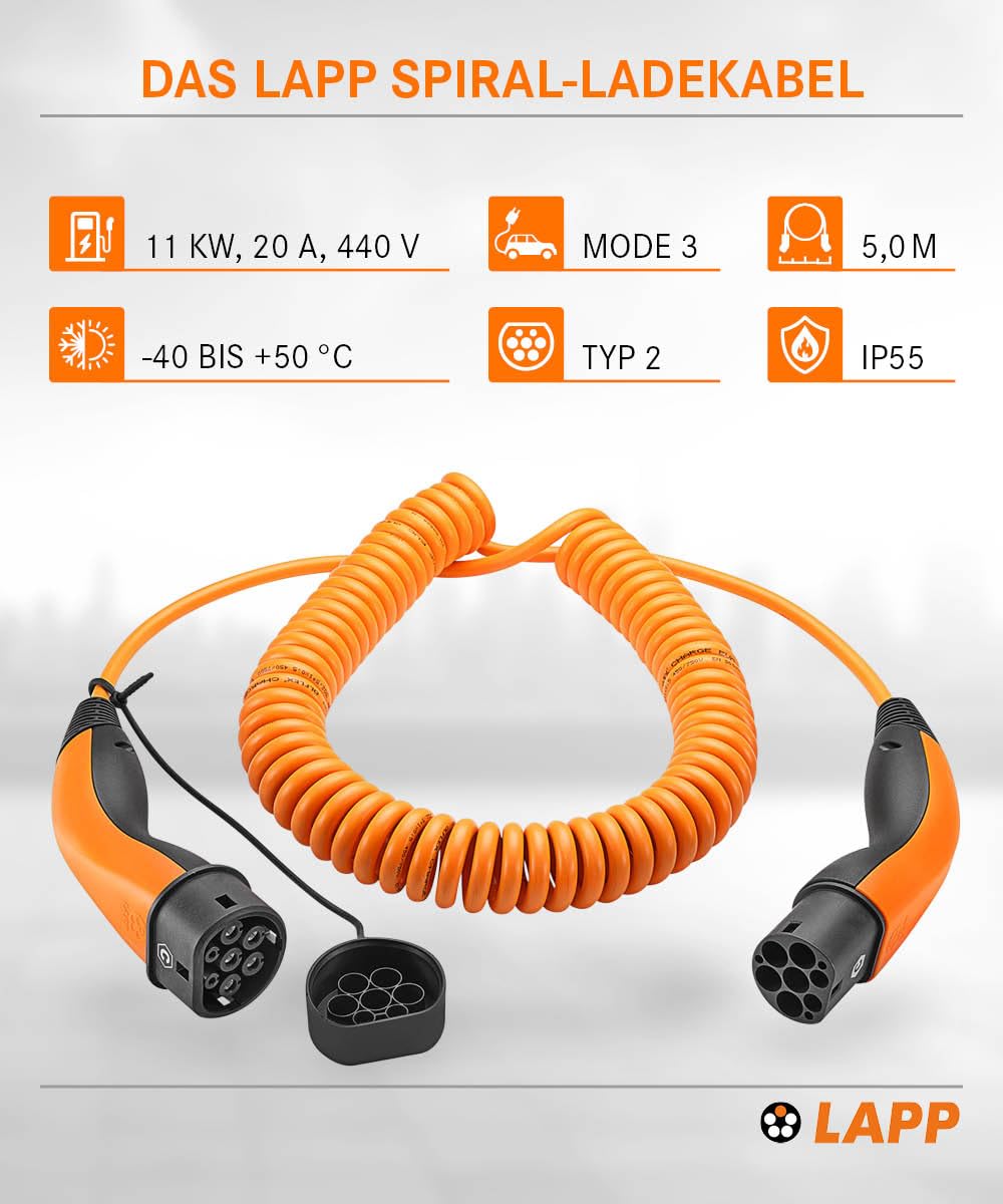 Lapp Mobility Typ 2 Ladekabel 11 KW/Spiralkabel / 20 A / 3-Phasig/E-Auto Ladekabel/Mode 3 / 5m