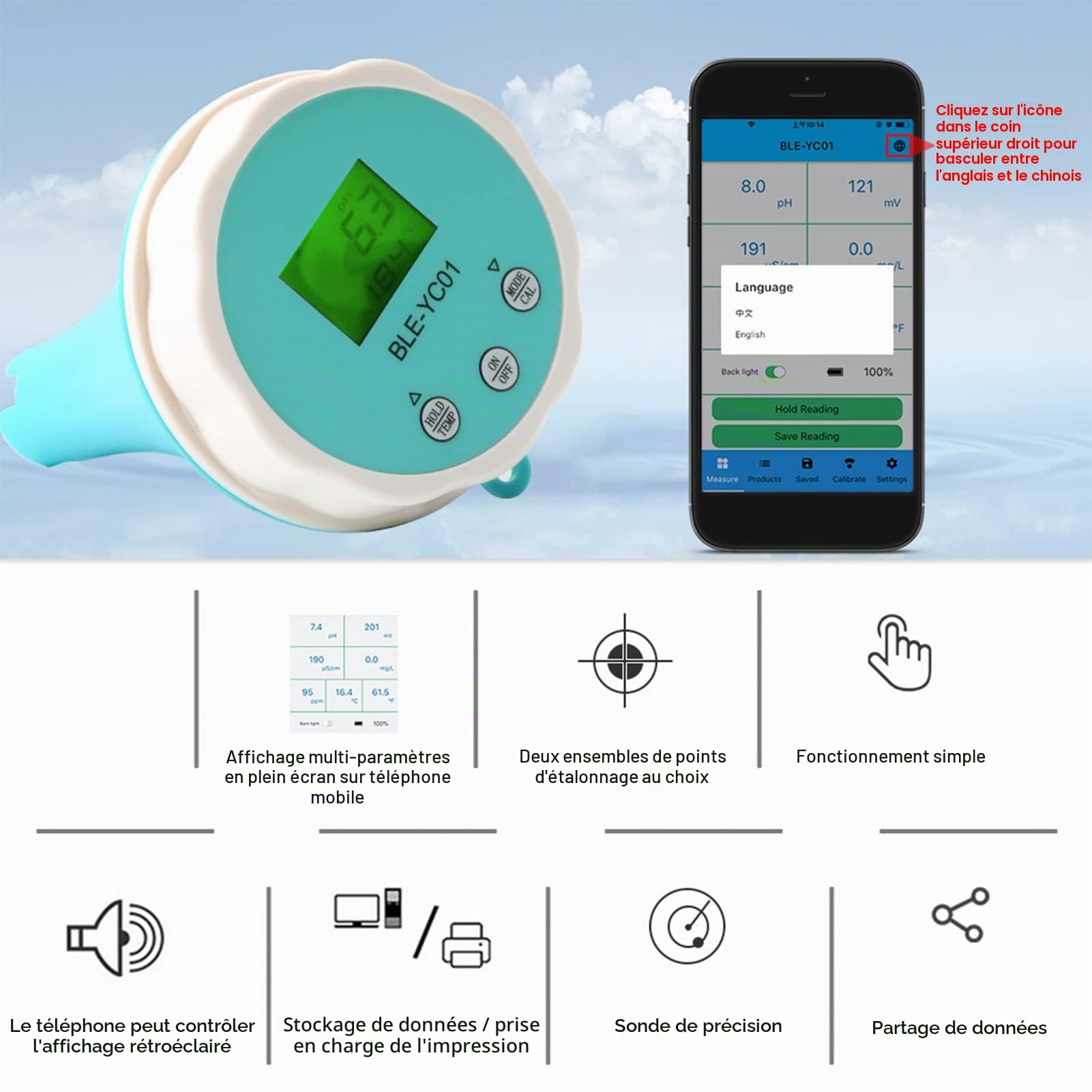 PH-mètre Numérique, Testeur D'eau Multifonction Sans Fil 6 en 1 PH EC TDS ORP Temp Stylo pour Eau Potable, Piscine, Aquarium, Culture Hydroponique