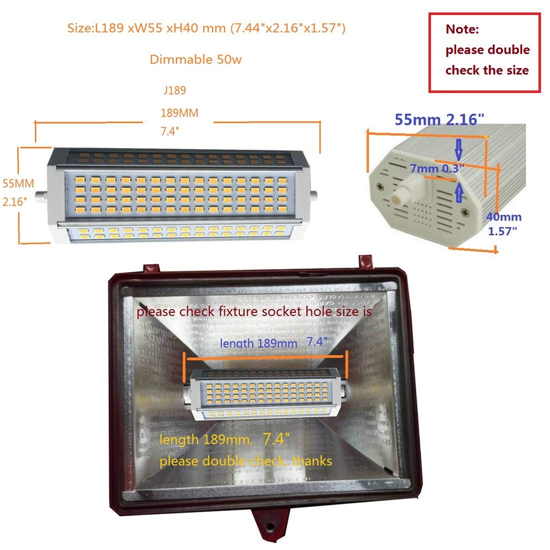 Generic R7s LED dimmbar Leuchtmittel 50 W warmes Licht 3000 K Double Ended R7s LED Fluter 189 mm AC120V-AC230V 4700lm J189 L189*W55*H40mm für 750 W Ersatz Lampe