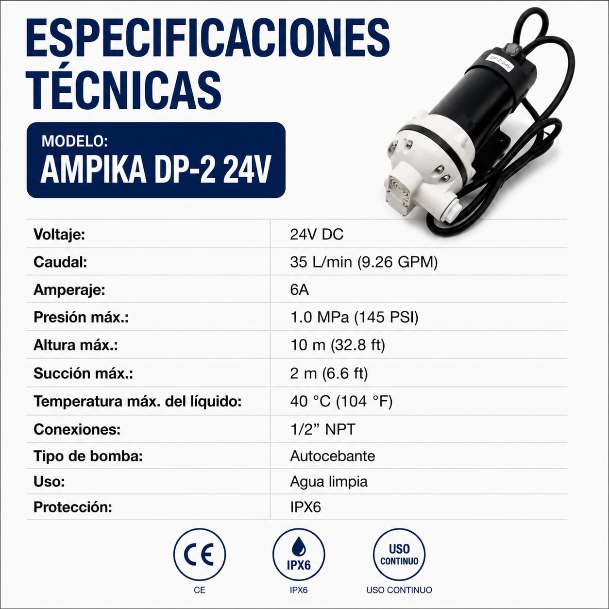 Ampika Bomba DP-2 24V de Membrana Autoaspirante | Caudal 40L/min, IP55
