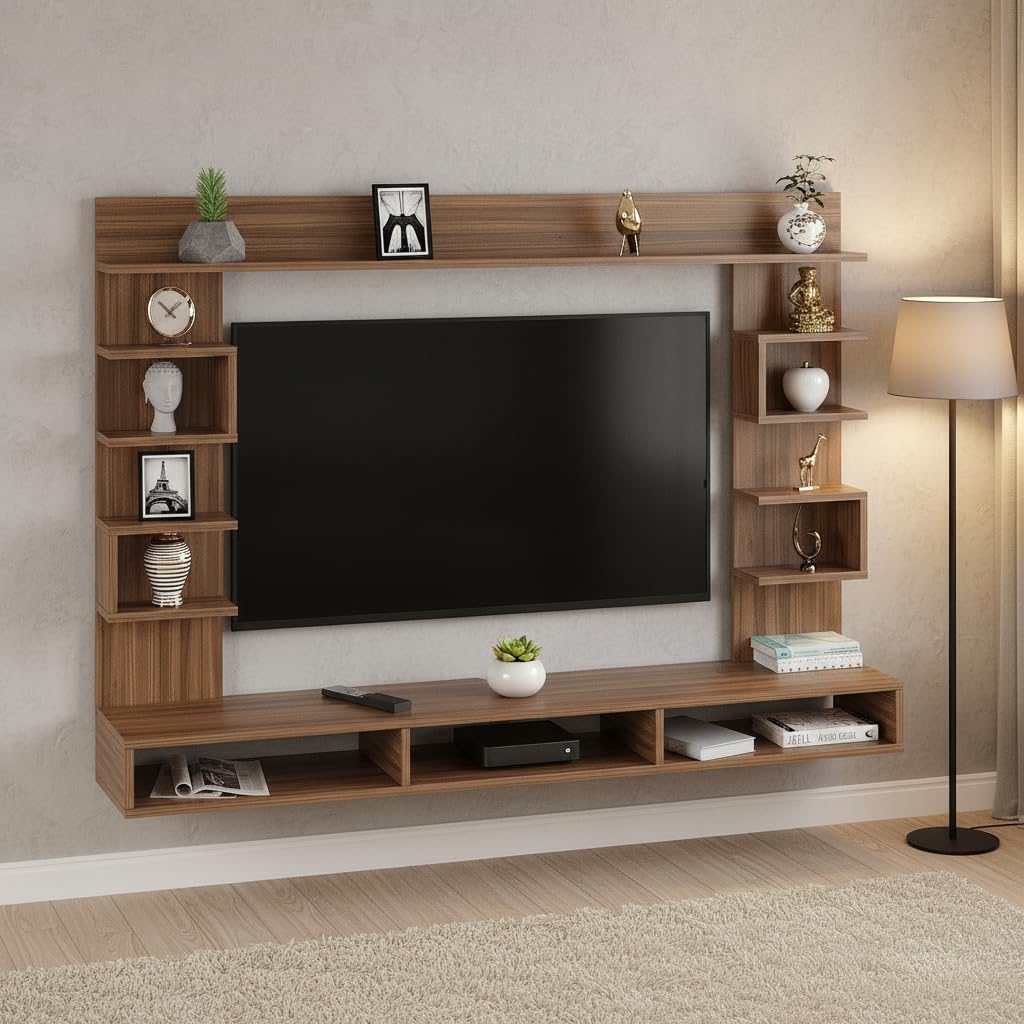 FURNEASER Steven Wall Mount TV Unit for Living Room Wooden Entertainment Center with Storage Shelves Modern TV Panel Stand Showcase for up to 43 Inch Media Console Cabinet Exotic Teak