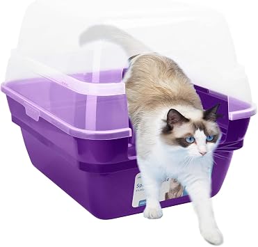 Petfamily Cat Litter Box, Large Foldable Jumbo Hooded Cat Litter Box with Transparent Lid Purple