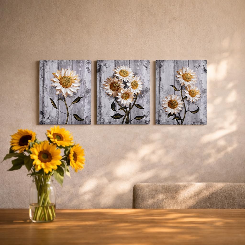 Artiluxy Set of 3 Sunflower Canvas Wall Art, 12x16 Inch Textured Farmhouse Floral Prints with Palette Knife Accents on Stretched Canvas