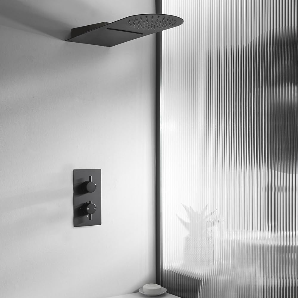 Milano Black Nero Thermostatic Mixer Valve 200Mm X 500Mm Waterblade Shower Head