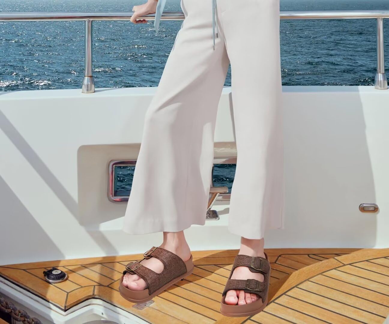 KuaiLu Womens Sandals with Arch Support Comfortable Orthopedic Cushion Recovery Slides Summer Fashion Leather Double Buckle Casual Slip On Plantar Fasciitis Shoes for Indoor&Outdoor (US Size 6-12) - Image 2