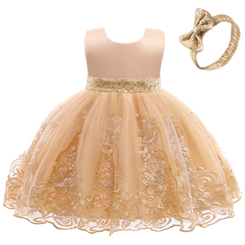 FYMNSI Baby Mädchen Geburtstag Partykleid Taufkleid Rückenfrei Stickerei Ärmellos Abendkleid Formal Festkleid mit Stirnband