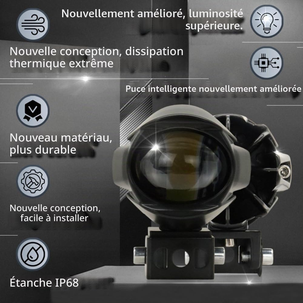 NEWFUN Phare auxiliaires de moto LED homologués, phares longue portée 60 W, lumière blanche/jaune, IP67 étanche, adaptés à de nombreux modèles