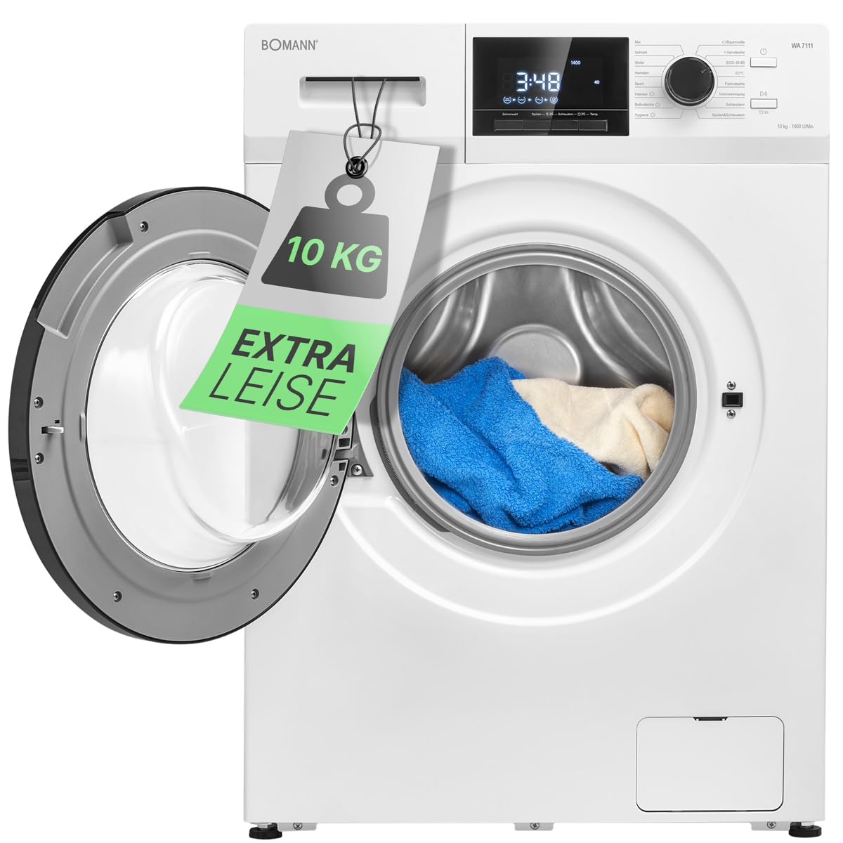 Bomann® Waschmaschine 10kg | max. 1400 U/min | 16 Programme | Bürstenloser DC-Motor: effizient, leise und langlebig | Endzeitvorwahl | Zulaufschlauch-Sicherheitssystem | Washing Machine | WA 7111