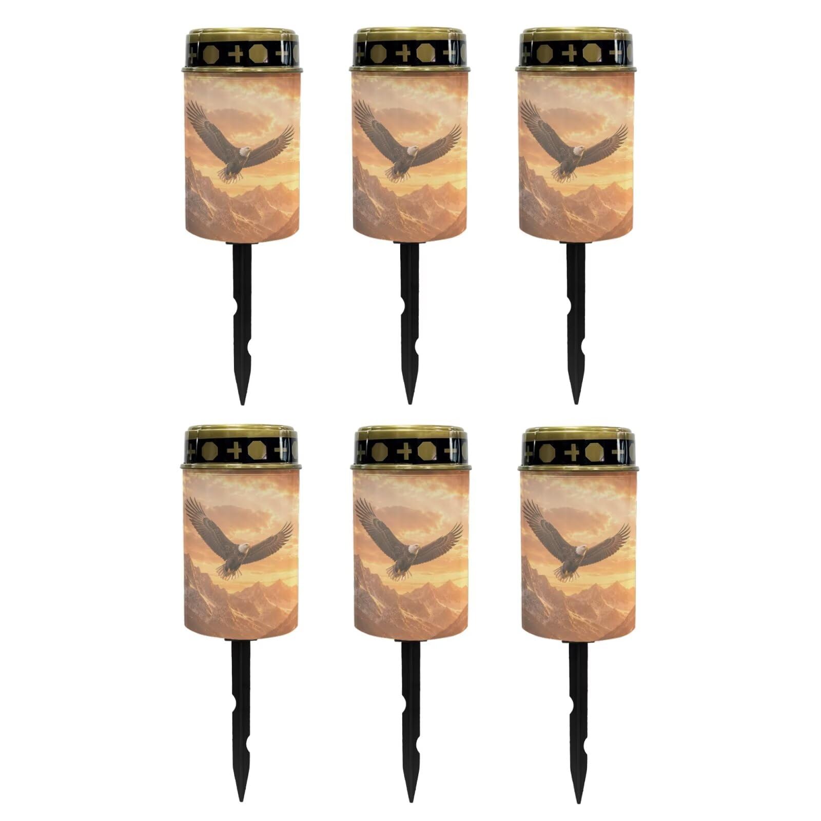 Poceacles Solar Lights Outdoor Grave Candle for Cemetery Decoration Solar Outdoor Lights for Garden Lawn Backyard Pathway Decor, Eagle Mountain Sunset Pattern, 6 Pack