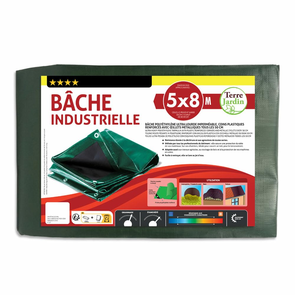 TERRE JARDIN - Lona de protección Exterior, 5 x 8 m - Lona Impermeable, Ultra Pesada y Resistente, Polietileno 240 g/m², Anti UV - Lona para leña, Sitio - Ojales de Aluminio