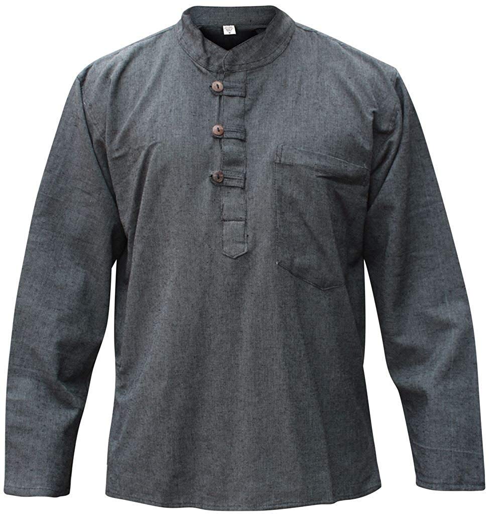 SHOPOHOLIC FASHION Mens Hemp Grandad Shirt Hippy Light Tops, Grey, 2XL