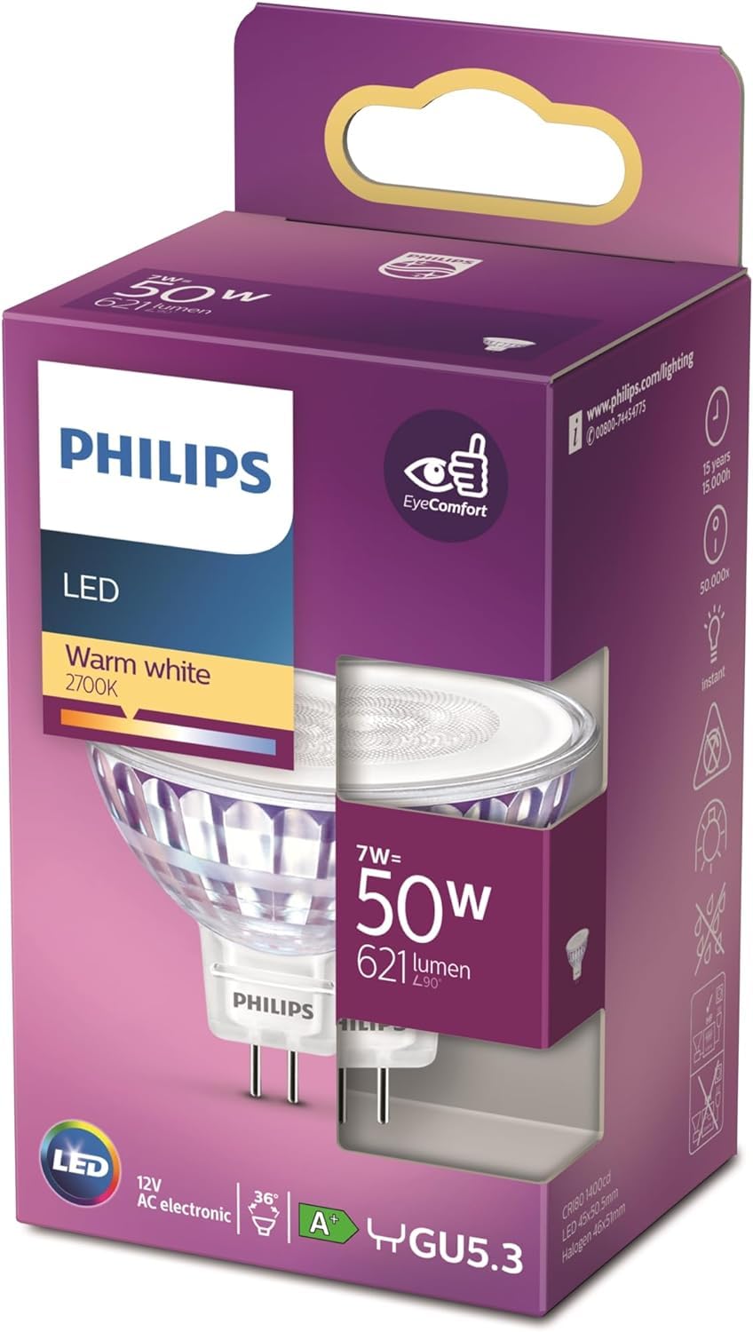 Philips ampoule LED Equivalent 50W MR16 Blanc chaud, Non dimmable, Verre