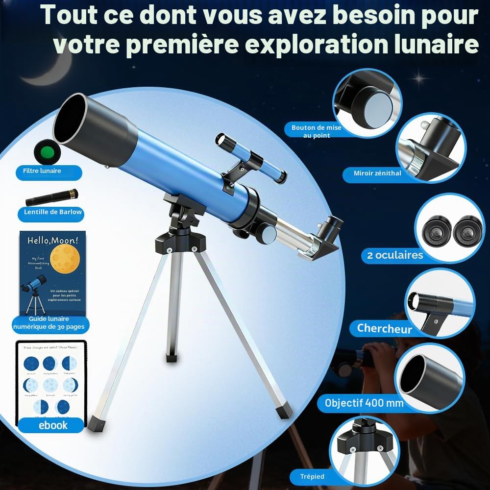 Télescope astronomique 50 mm pour enfants débutant avec trépied 2 oculaires 20X-100X portable