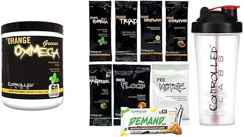 Orange Oximega Greens Spearmint (60 Serv) + paquete de muestras - Servicio individual - White Flood Plus, PROmore Protein, Orange HydraPush, lavado