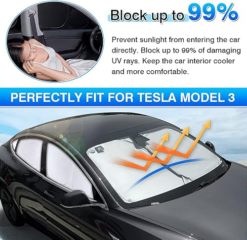 Miniatura 4 de T TGBROS Parasol para parabrisas para Tesla Model 3 2018-2024 2025, parasol grueso con bloqueo UV y opaca, plegable, 7 unidades, mantiene la frescura