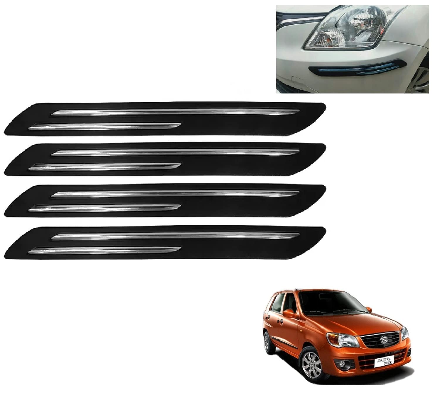 Auto Addict Bumper Protector Car Rubber Guard with Double Chrome Strip 4Pcs (Black) for Maruti Suzuki Alto K10 Type-1 (2010-2014)-image-12