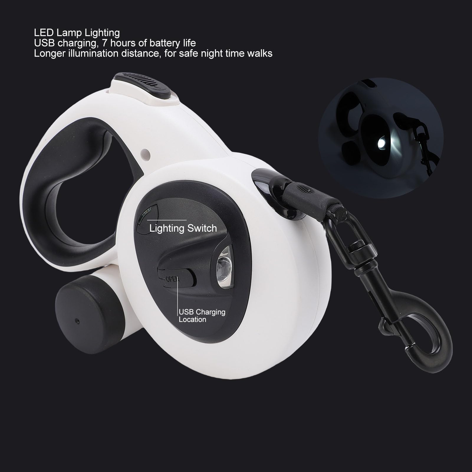 Greensen Correa Retráctil para Perros, Correa Reflectante de Agarre Suave con Cuerda de Nailon de 5 M y Luz LED USB, Freno de un Botón, Almacenamiento de Bolsa para Excrementos para Dueños de (Grande)
