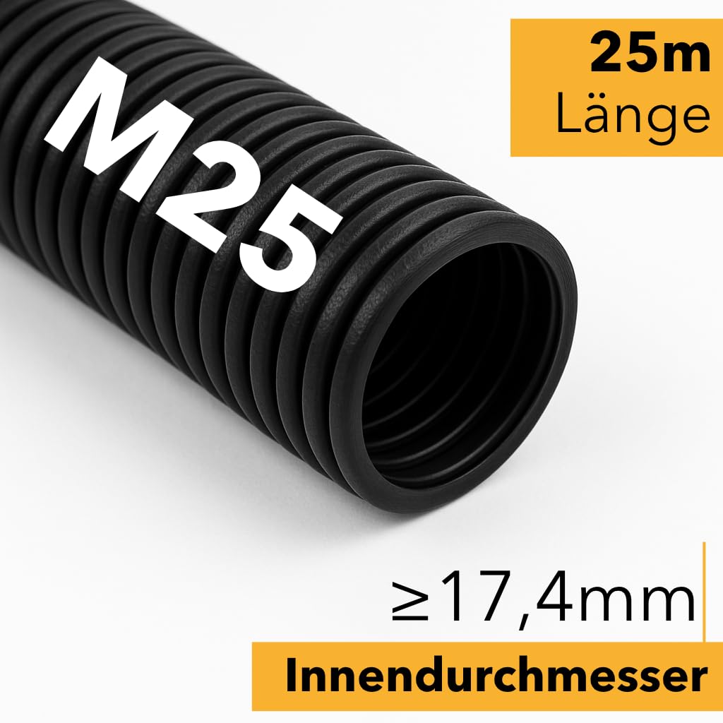 Wellrohr M25 UV-Beständig | 25m Leerrohr ungeschlitzt - Innendurchmesser 17,4mm - Flexrohr Kabelschlauch für Erdkabel nach DIN EN 61386-22 flammwidrig, flexibel für leichte Kabelverlegung