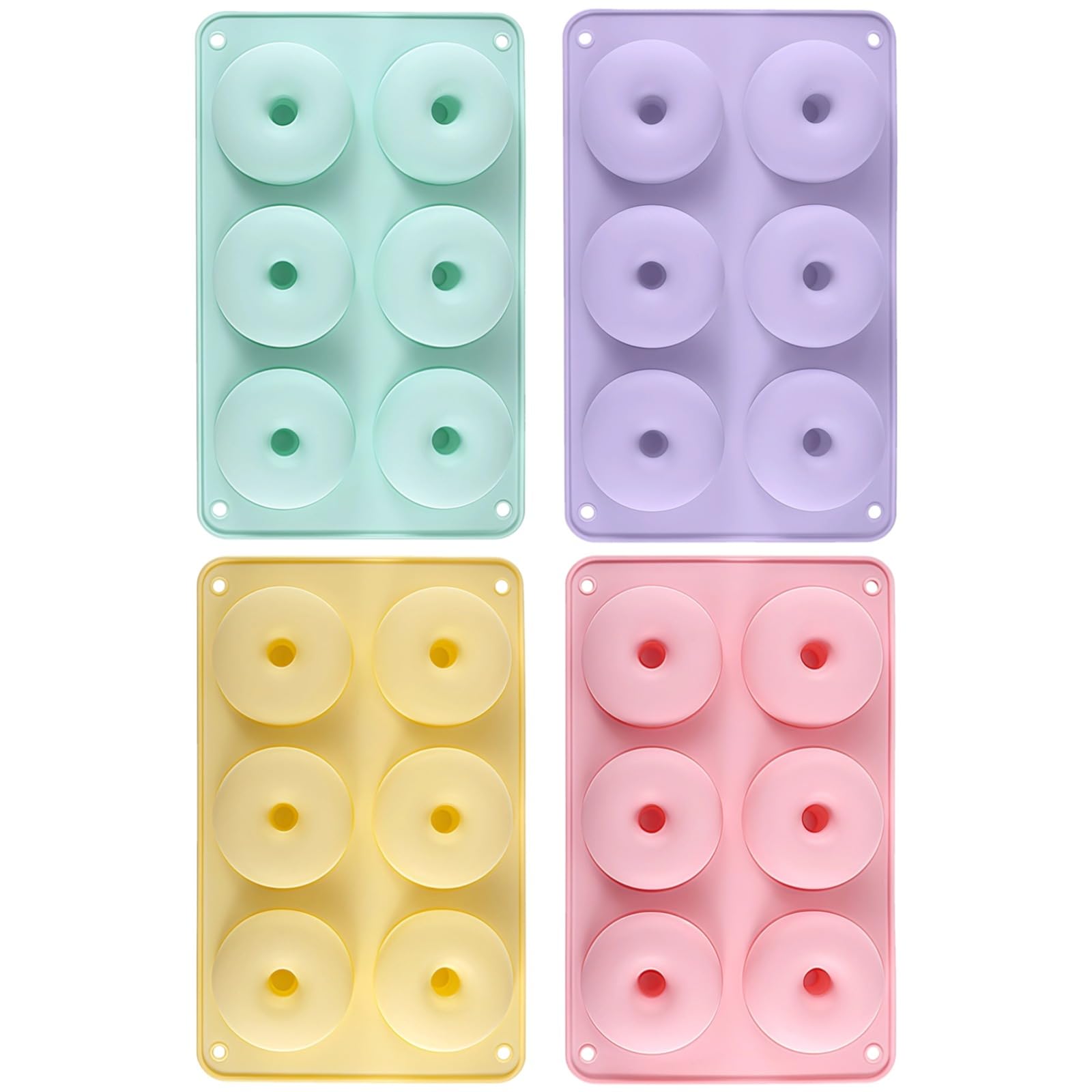 Moule à donuts en silicone, lot de 4, ronds, 6 cavités, couleurs macaron, avec trous de suspension, silicone adapté au contact alimentaire, idéal pour biscuits, beignets et desserts