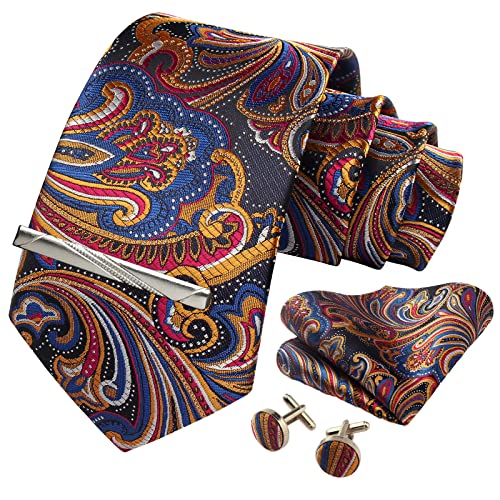 Image of Paisley Floral Mens Tie Formal Necktie Pocket Squares Ties Clips Cufflinks Classic for Men Set