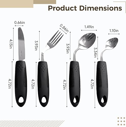 Miniatura 4 de Juego de utensilios de temblor de mano, 4 piezas de acero inoxidable con peso para comer, kit adaptativo de Parkinson, mango antideslizante para