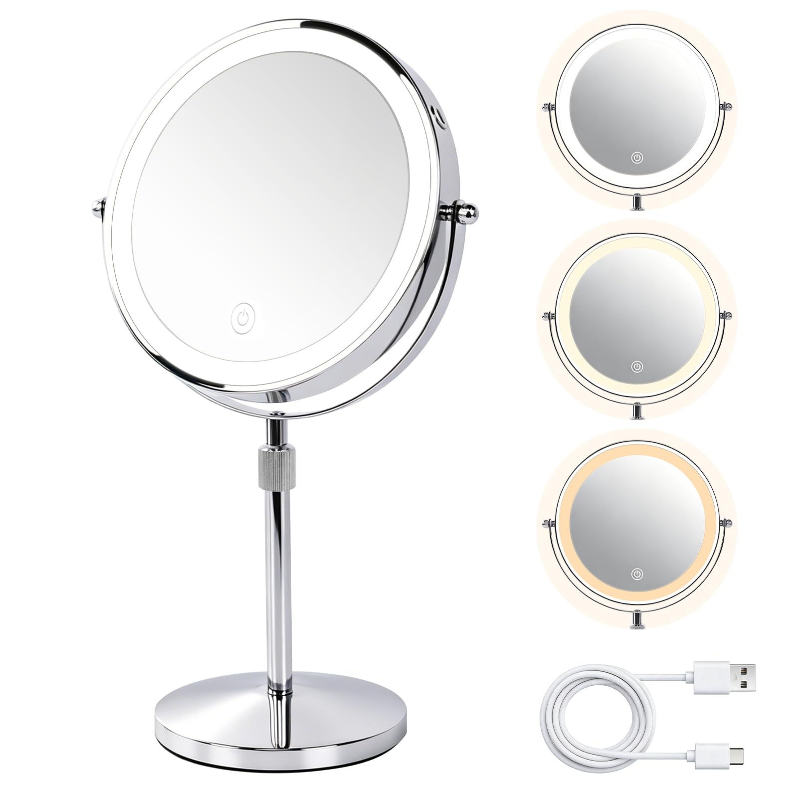iklestar 20cm Mirroir Maquilleur Lumineux, 10x Rechargeable Miroir Grossissant Lumineux sur Pied, Portable LED Rond Miroir de Table avec Rotation à 360°,3 Couleurs Lumière, Argent