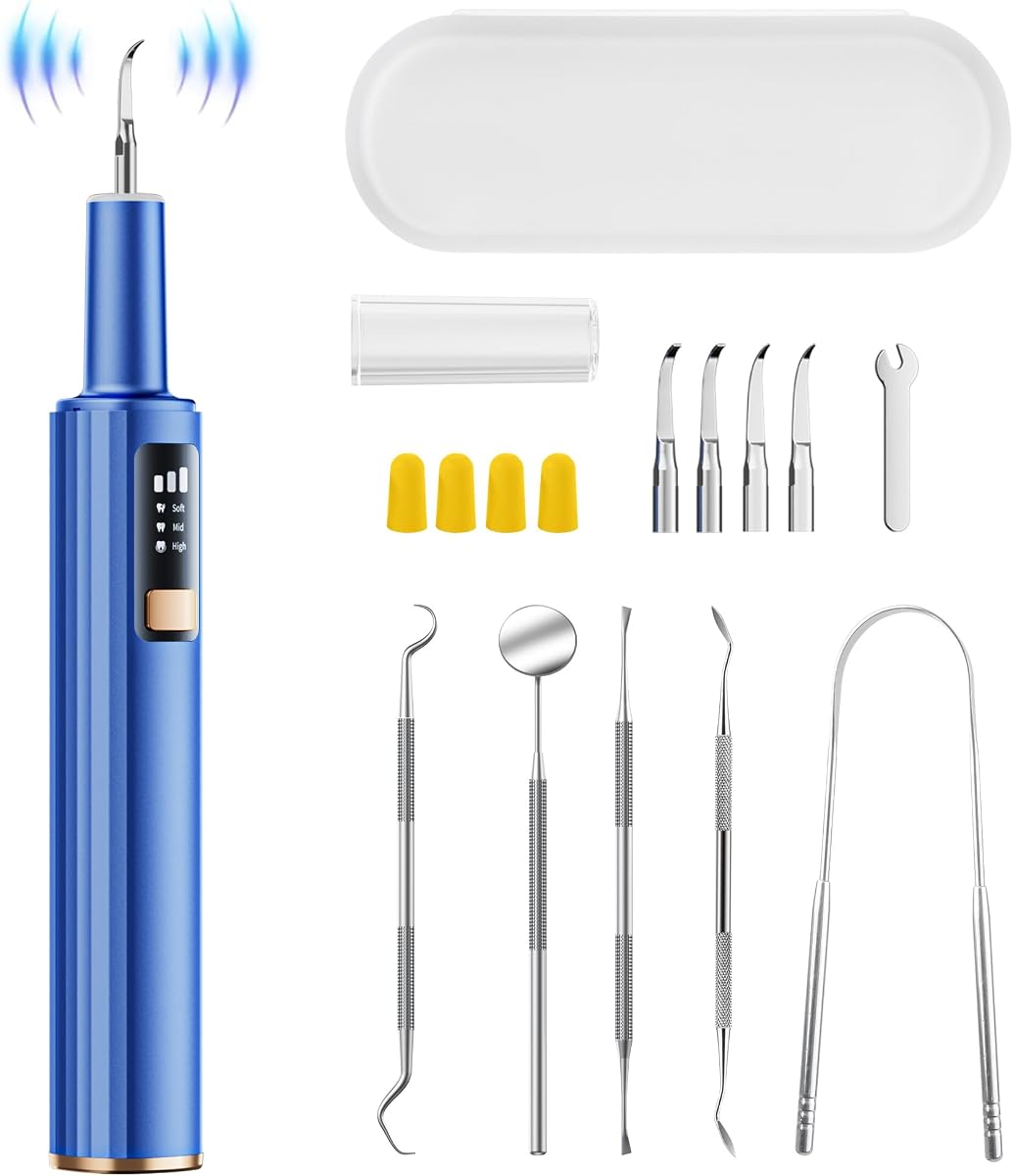 Ultrasonic Plaque Remover for Teeth with Smart Gum Protection - 42kHz Professional Tartar Remover, 10-Piece Kit (4 Heads + 6 Dentist Tools), LED Light, USB-C Rechargeable, IPX6 Waterproof for Home Use