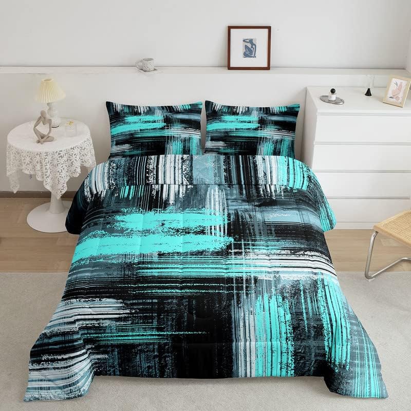 Feelyou Blue Black Grey Comforter Geometric Artistic Smear Comforter Set Abstract Graffiti Art Bedding Set Contemporary Modern Brush Design Duvet Set Room Decor Quilt King Size Boys Multi 18