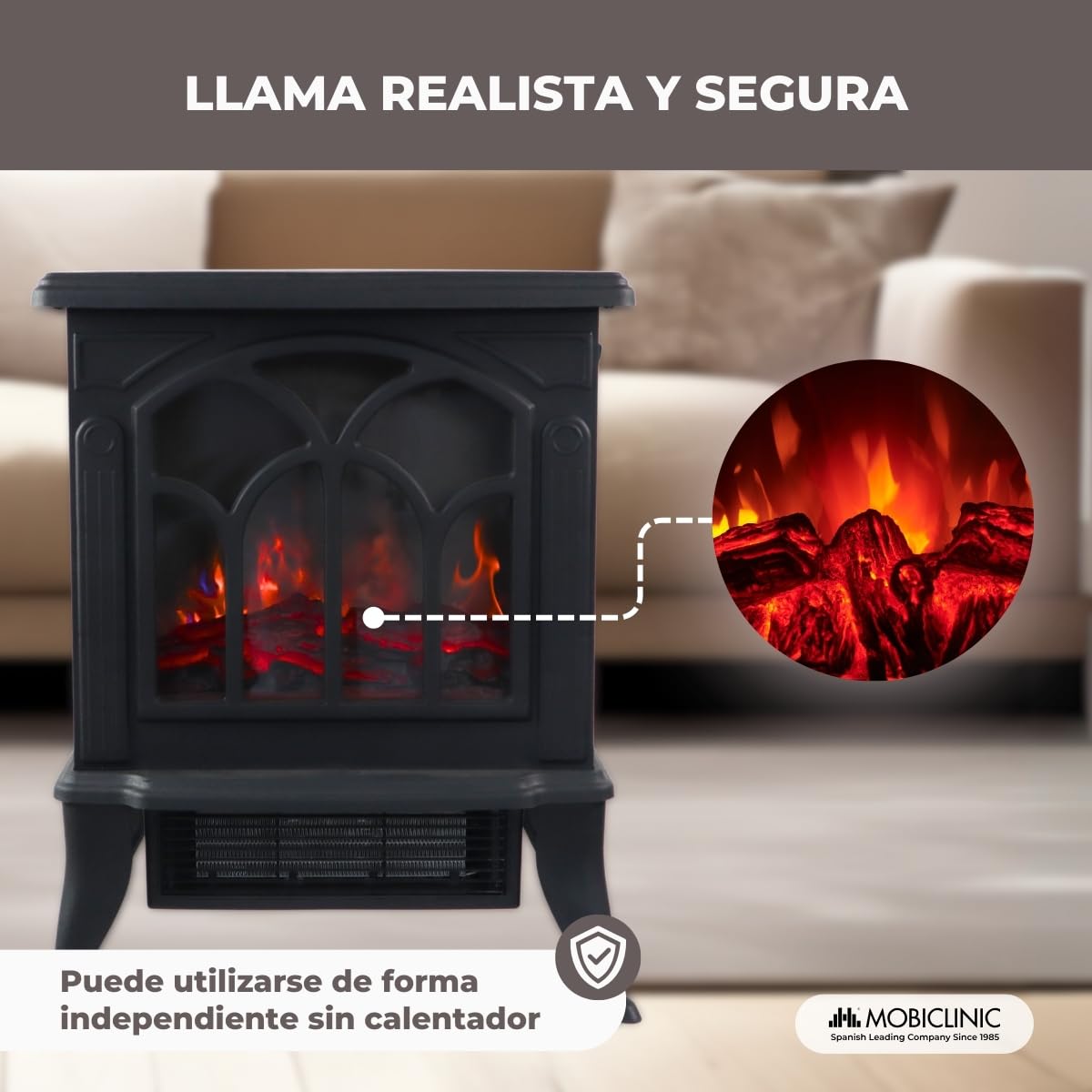 Mobiclinic® Chimenea Eléctrica de Pie Portátil 900/1800W Llama 3D Realista Temperatura Regulable 25 m²