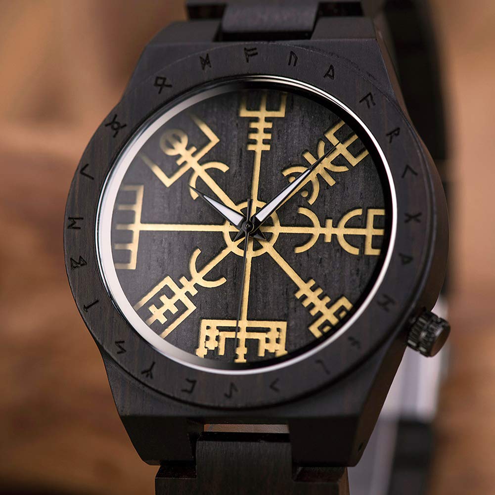 Orologio Uomo In Legno Con Runa Vichinga Vegvisir - Cinturino Regolabile - Regalo Unisex