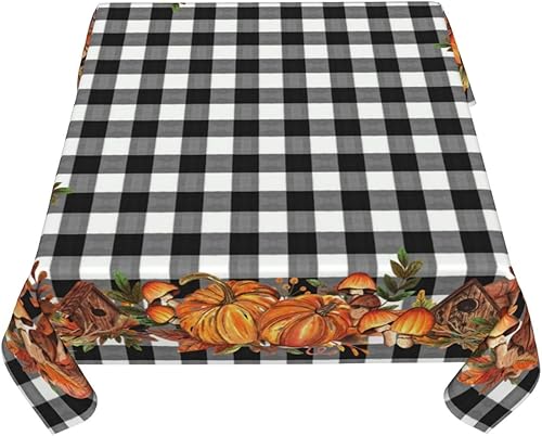 Miniatura 5 de AGAYNA Mantel cuadrado de otoño de 60 x 60 pulgadas, mantel a cuadros de búfalo blanco y negro, resistente a las manchas, para el día de Acción de