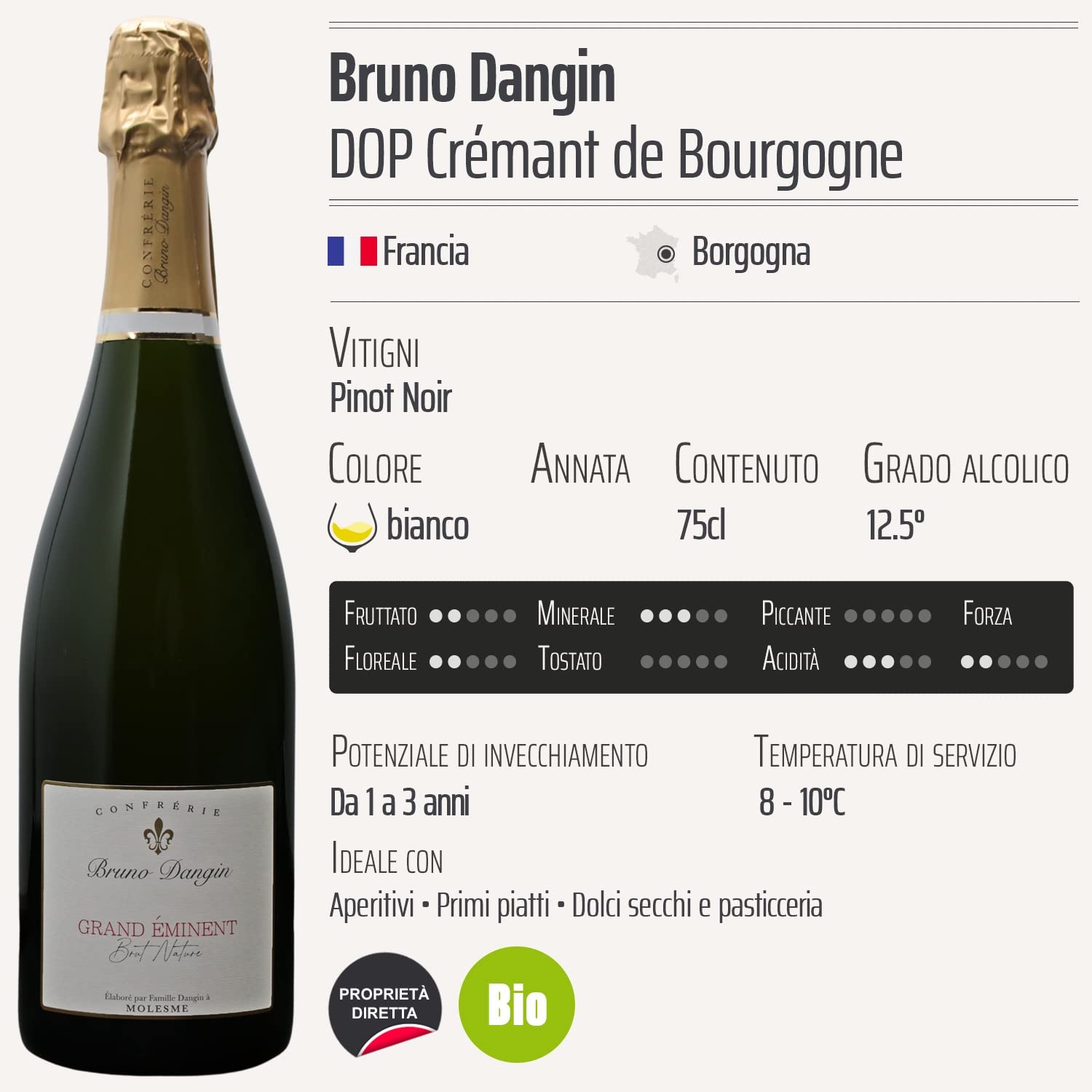 Crémant de Bourgogne Grand Éminent Brut Nature bianco - Organico - Bruno Dangin - DOP - Borgogna - Francia - Vitigni Pinot Noir - 6x75cl