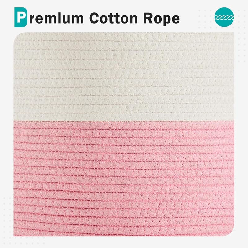 Image of Storage Cotton Rope Basket and Laundry Hamper for Dirty Clothes, Towels, Blankets, Pillows Storage in Living Room, Laundry Room and Bedroom (Pink White, 14x18 Inch)